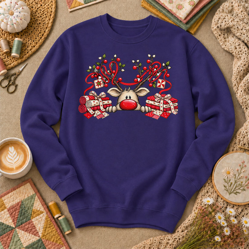 Peeking Red Nose Reindeer With Holly And Fat Quarters Long Sleeve - Purple
