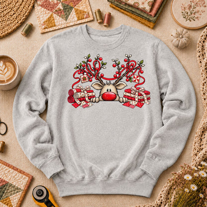 Peeking Red Nose Reindeer With Holly And Fat Quarters Long Sleeve - Sport Grey