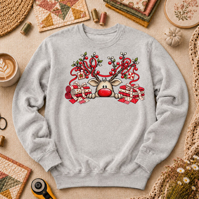 Peeking Red Nose Reindeer With Holly And Fat Quarters Long Sleeve - Sport Grey