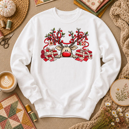Peeking Red Nose Reindeer With Holly And Fat Quarters Long Sleeve - White