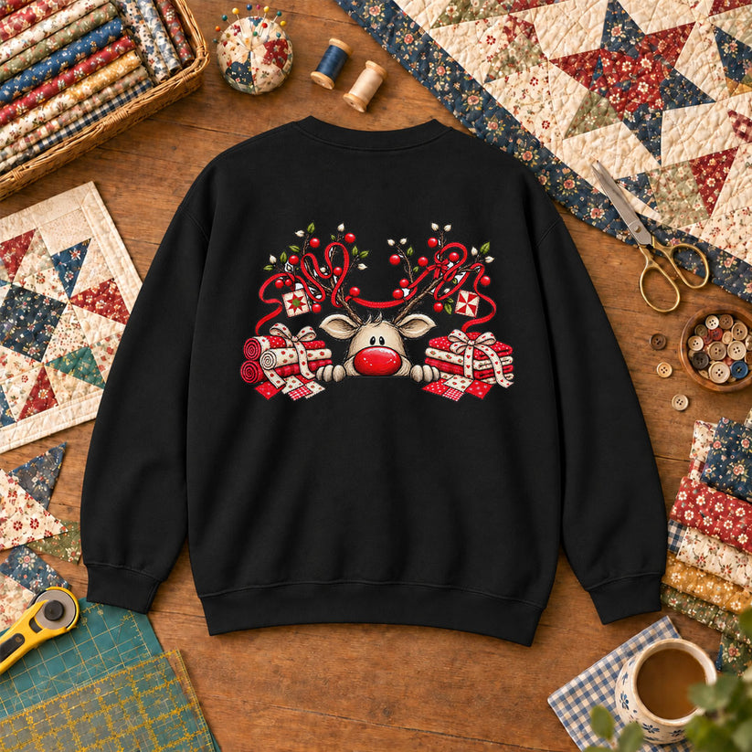Peeking Red Nose Reindeer With Holly And Fat Quarters Sweatshirt - Black