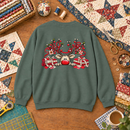 Peeking Red Nose Reindeer With Holly And Fat Quarters Sweatshirt - Forest Green
