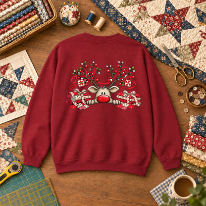 Peeking Red Nose Reindeer With Holly And Fat Quarters Sweatshirt - Garnet