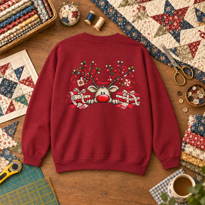 Peeking Red Nose Reindeer With Holly And Fat Quarters Sweatshirt - Garnet
