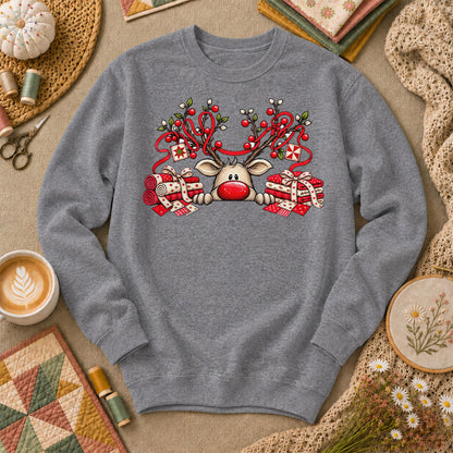 Peeking Red Nose Reindeer With Holly And Fat Quarters Sweatshirt - Graphite Heather