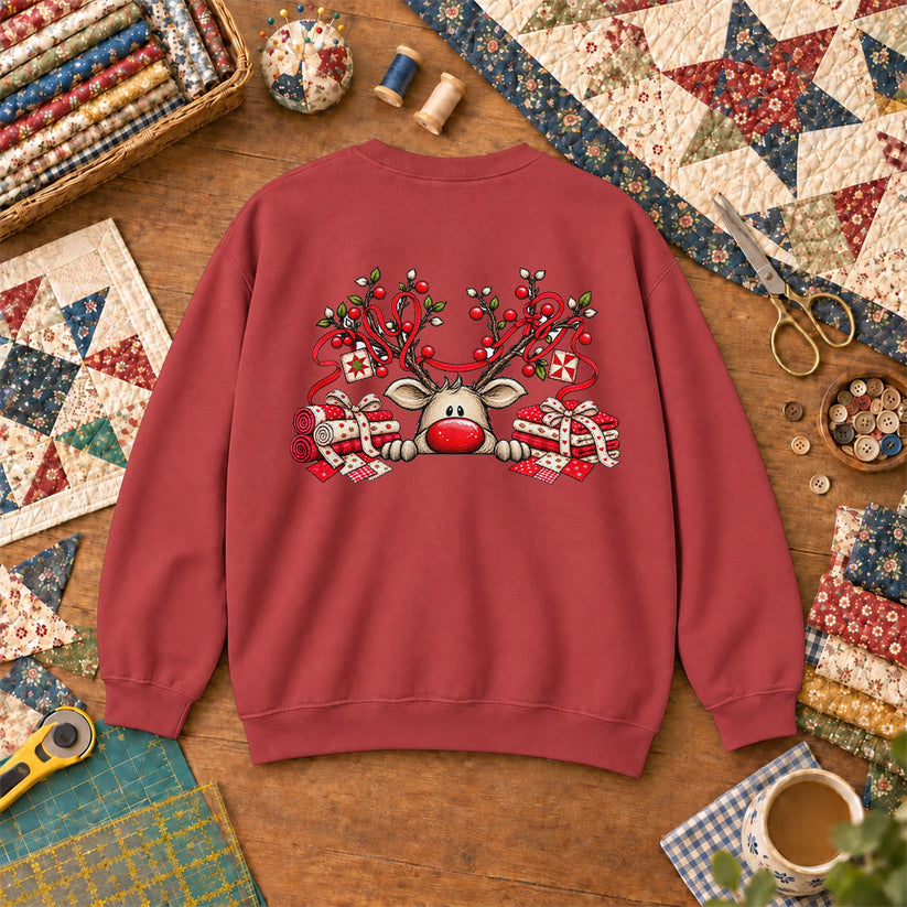 Peeking Red Nose Reindeer With Holly And Fat Quarters Sweatshirt - Heather Red