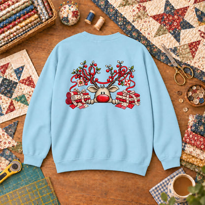 Peeking Red Nose Reindeer With Holly And Fat Quarters Sweatshirt - Light Blue
