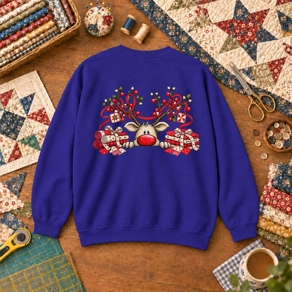 Peeking Red Nose Reindeer With Holly And Fat Quarters Sweatshirt - Royal
