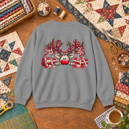 Peeking Red Nose Reindeer With Holly And Fat Quarters Sweatshirt - Sport Grey