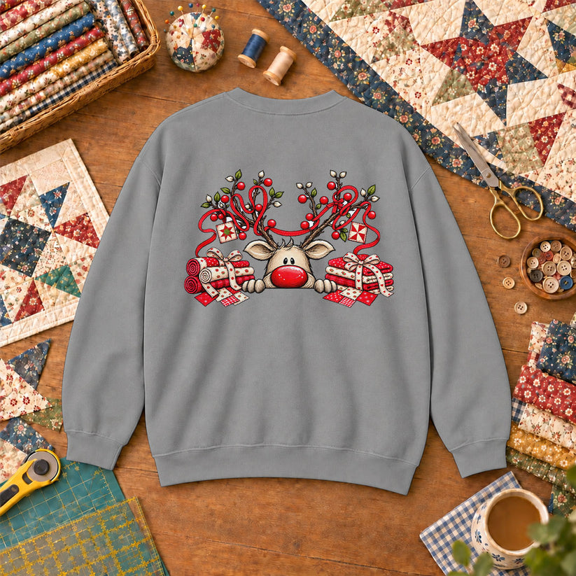 Peeking Red Nose Reindeer With Holly And Fat Quarters Sweatshirt - Sport Grey