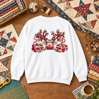 Peeking Red Nose Reindeer With Holly And Fat Quarters Sweatshirt - White