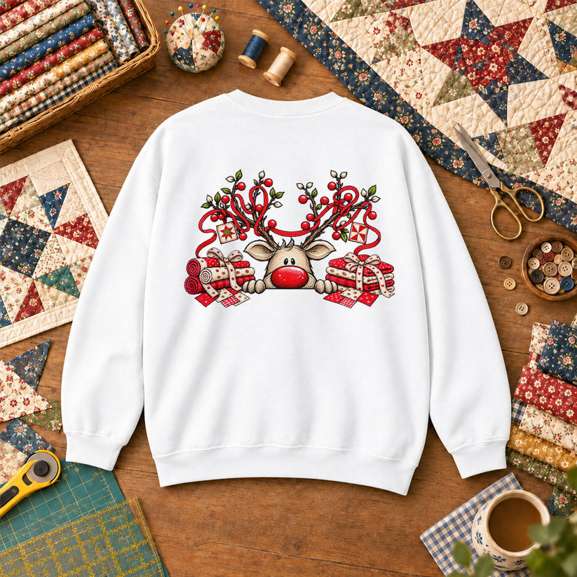 Peeking Red Nose Reindeer With Holly And Fat Quarters Sweatshirt - White