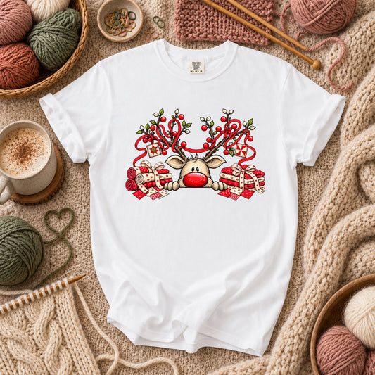 Peeking Red Nose Reindeer With Holly And Fat Quarters T-Shirt - White