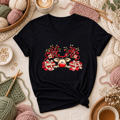 Peeking Red Nose Reindeer With Holly And Fat Quarters Women's V-Neck - Black