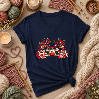 Peeking Red Nose Reindeer With Holly And Fat Quarters Women's V-Neck - Navy