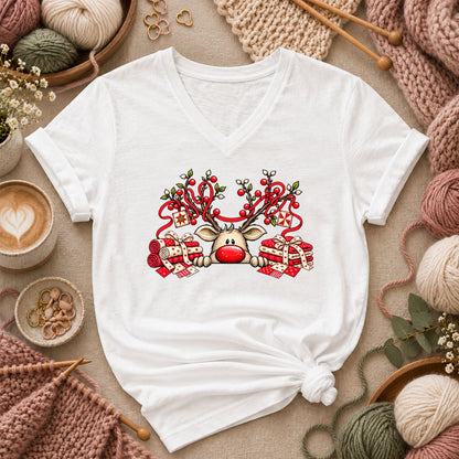Peeking Red Nose Reindeer With Holly And Fat Quarters Women's V-Neck - White