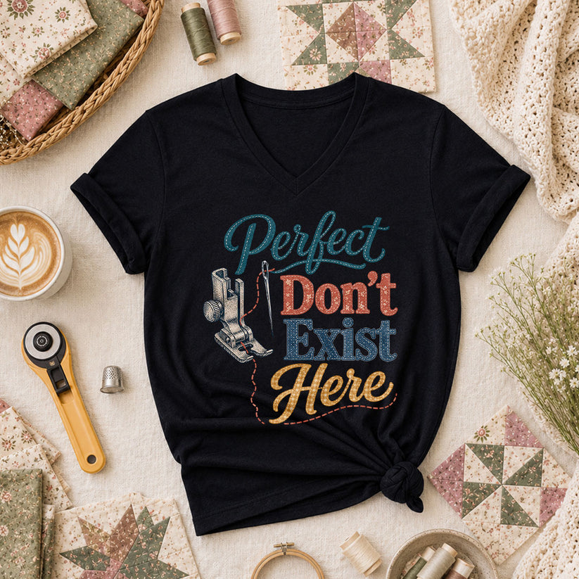 Perfect Dont Exist Here Quilter Women's V-Neck - Black