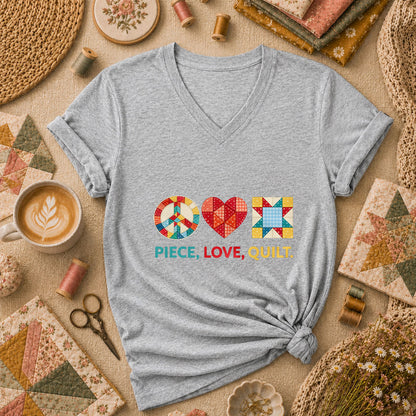 Piece Love Quilt Peace Quilting Women's V-Neck - Athletic Heather