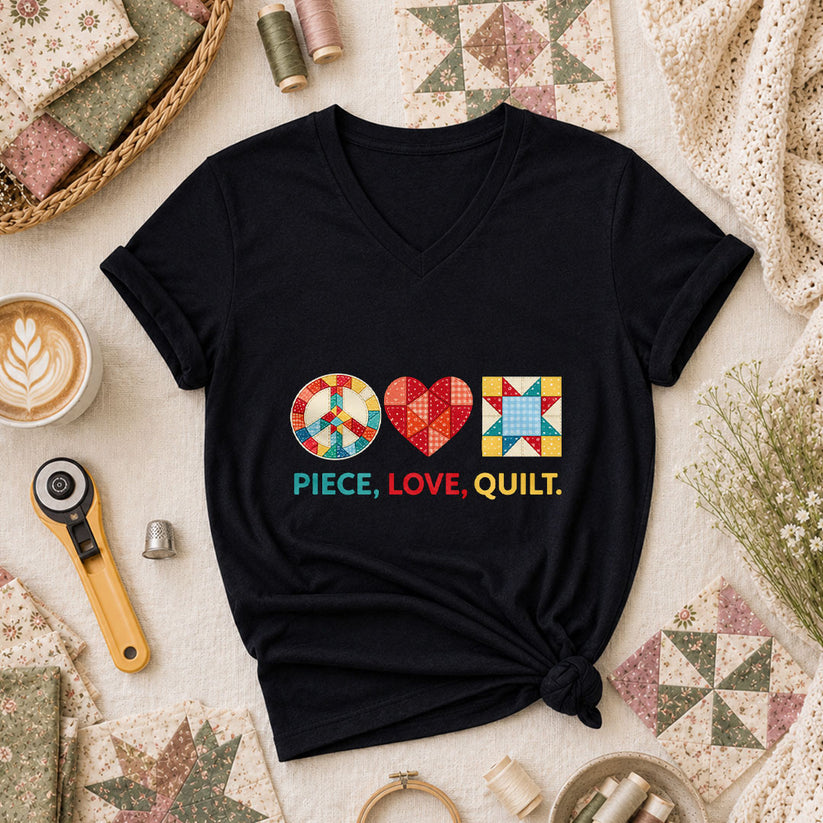 Piece Love Quilt Peace Quilting Women's V-Neck - Black