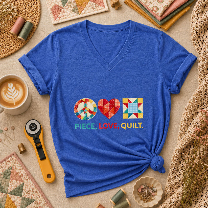 Piece Love Quilt Peace Quilting Women's V-Neck - Heather True Royal