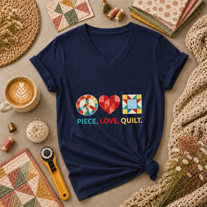 Piece Love Quilt Peace Quilting Women's V-Neck - Navy