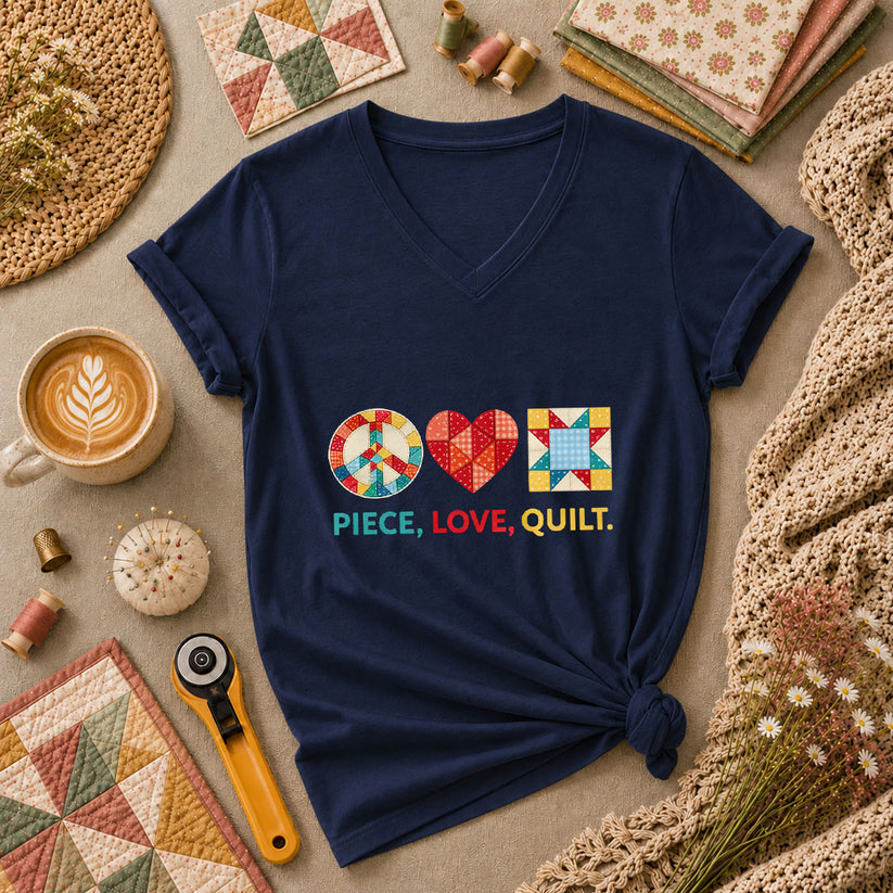 Piece Love Quilt Peace Quilting Women's V-Neck - Navy
