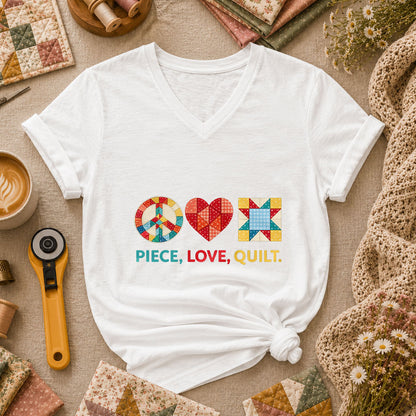 Piece Love Quilt Peace Quilting Women's V-Neck - White