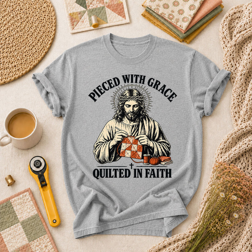 Pieced With Grace Quilted In Faith T-Shirt - Athletic Heather
