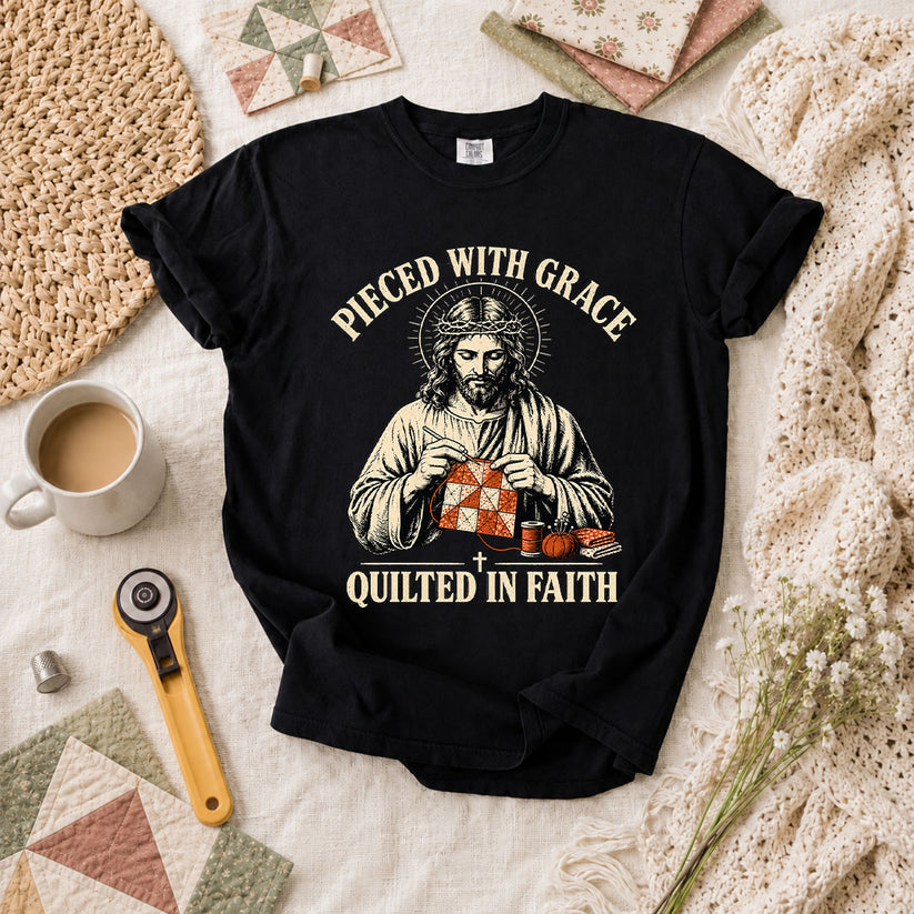 Pieced With Grace Quilted In Faith T-Shirt - Black