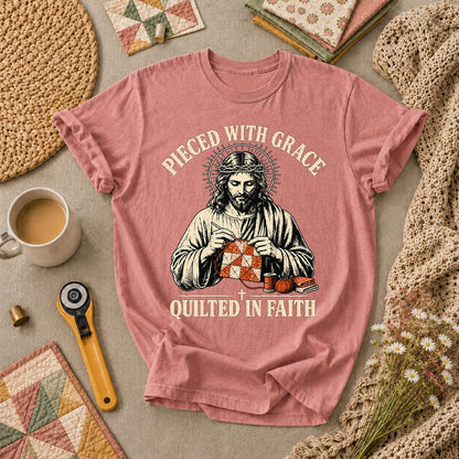 Pieced With Grace Quilted In Faith T-Shirt - Heather Mauve