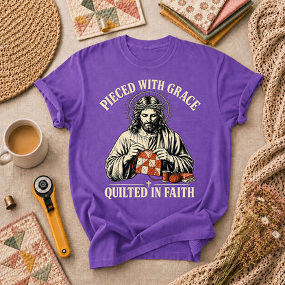Pieced With Grace Quilted In Faith T-Shirt - Heather Team Purple