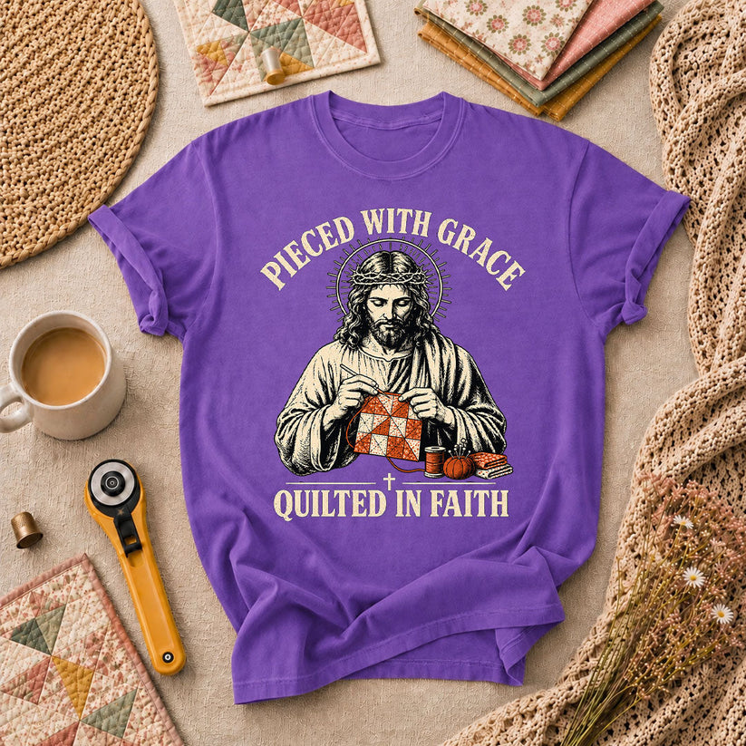 Pieced With Grace Quilted In Faith T-Shirt - Heather Team Purple