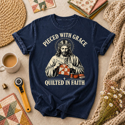 Pieced With Grace Quilted In Faith T-Shirt - Navy