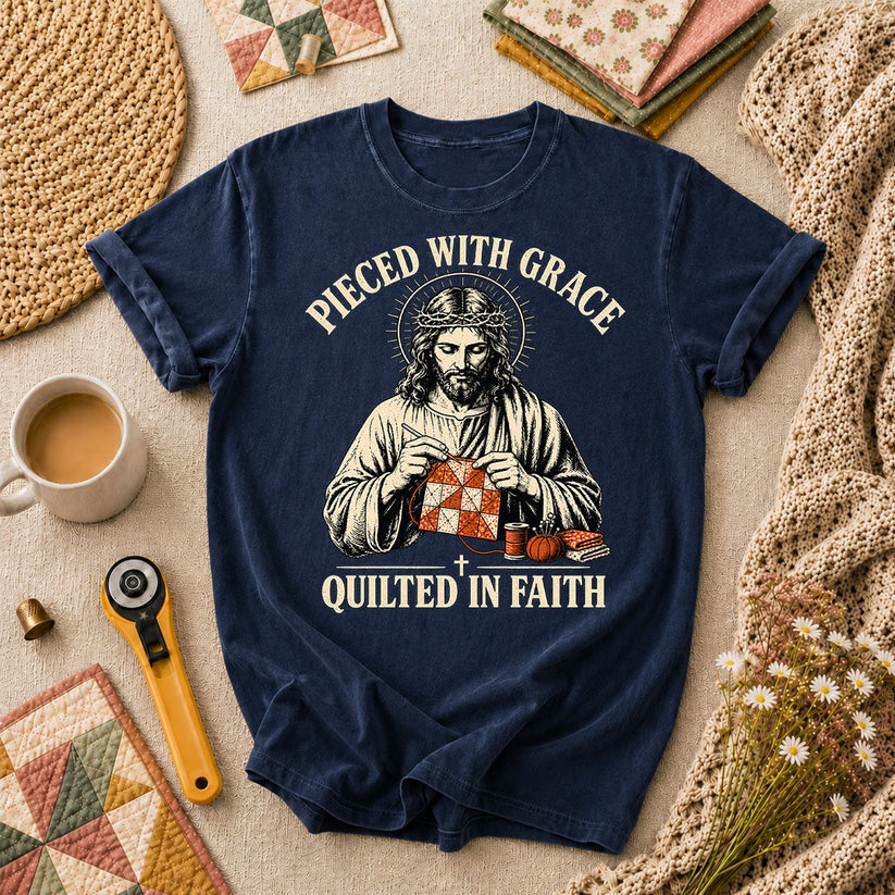 Pieced With Grace Quilted In Faith T-Shirt - Navy