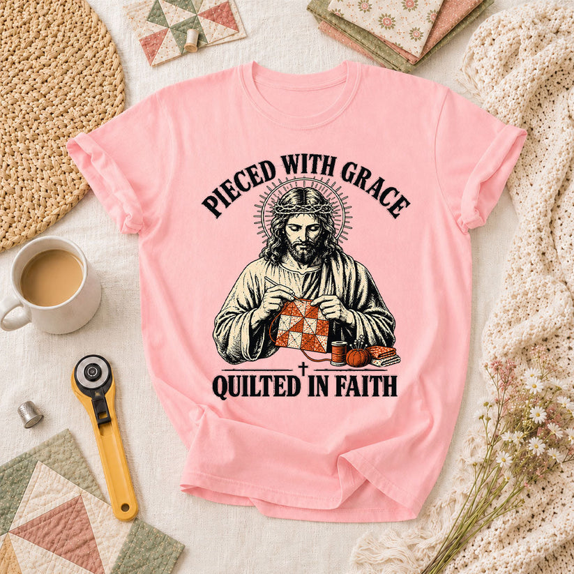 Pieced With Grace Quilted In Faith T-Shirt - Pink