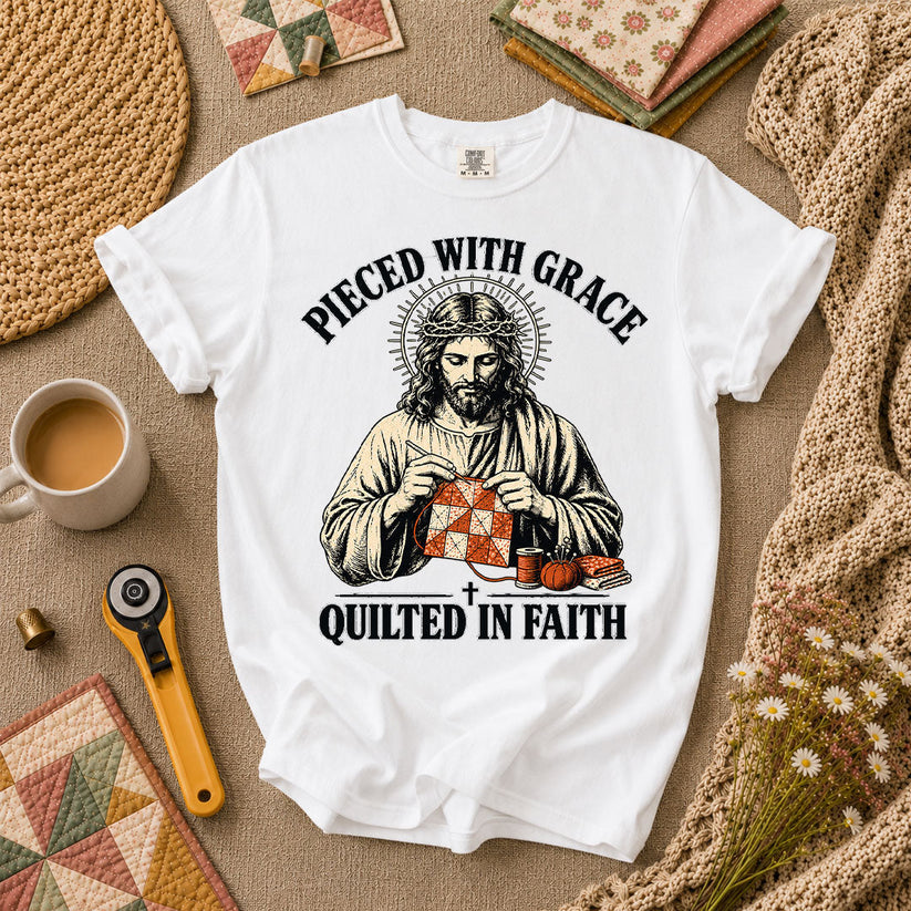 Pieced With Grace Quilted In Faith T-Shirt - White