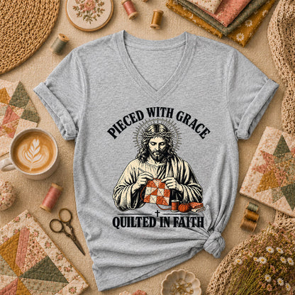 Pieced With Grace Quilted In Faith Women's V-Neck - Athletic Heather