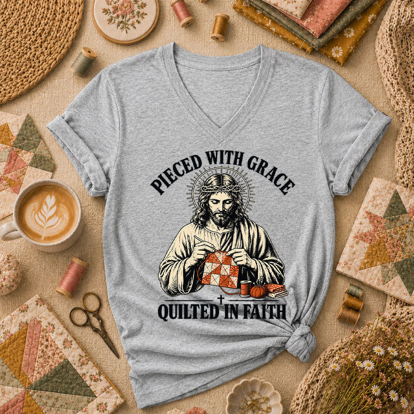 Pieced With Grace Quilted In Faith Women's V-Neck - Athletic Heather