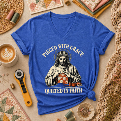 Pieced With Grace Quilted In Faith Women's V-Neck - Heather True Royal