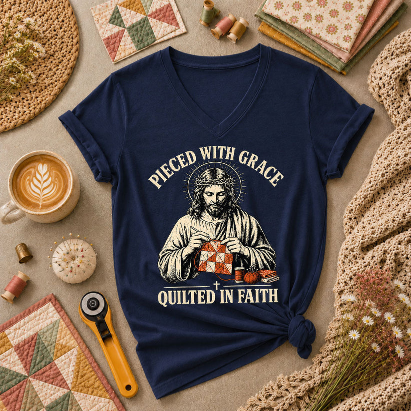 Pieced With Grace Quilted In Faith Women's V-Neck - Navy