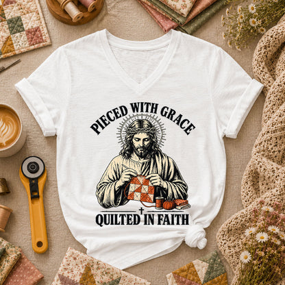 Pieced With Grace Quilted In Faith Women's V-Neck - White