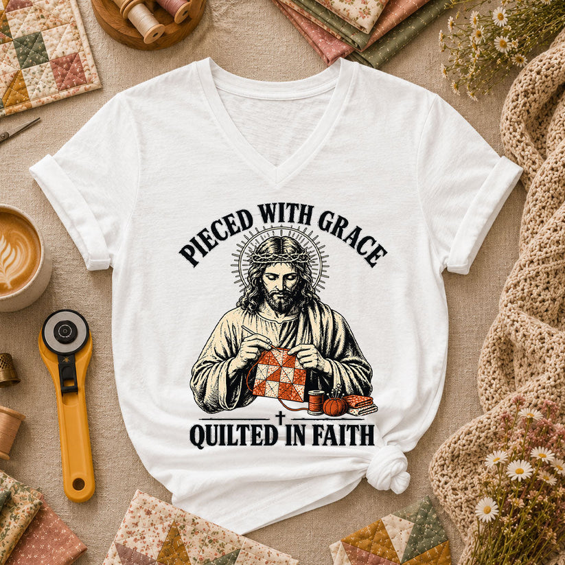 Pieced With Grace Quilted In Faith Women's V-Neck - White