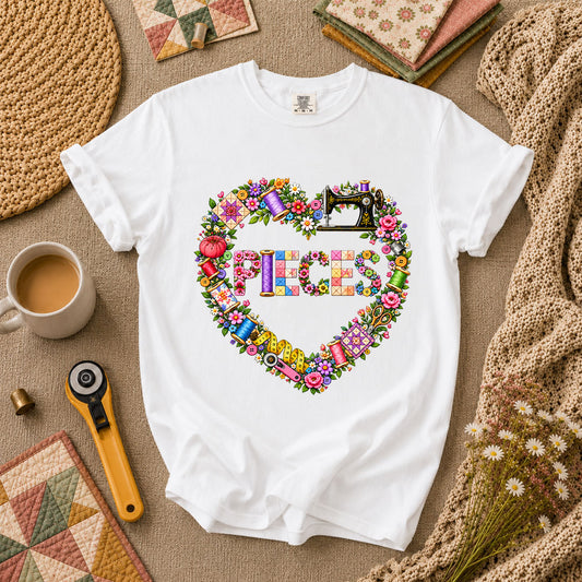 Pieces Heart Sewing Wreath T-Shirt - White