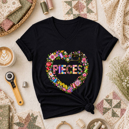Pieces Heart Sewing Wreath Women's V-Neck - Black