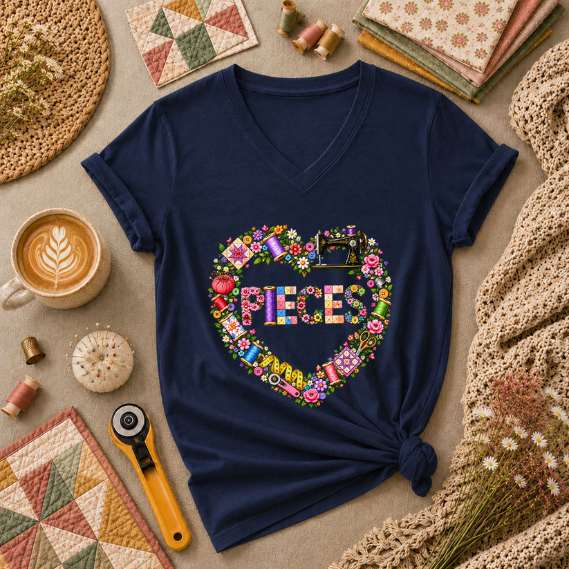 Pieces Heart Sewing Wreath Women's V-Neck - Navy