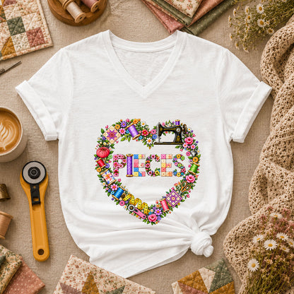Pieces Heart Sewing Wreath Women's V-Neck - White