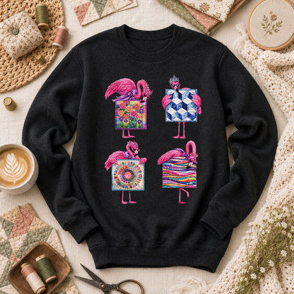 Pink Flamingos Quilt Blocks Grid Long Sleeve - Black
