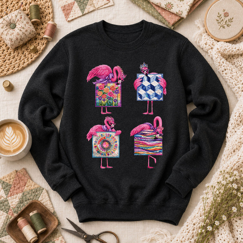 Pink Flamingos Quilt Blocks Grid Long Sleeve - Black
