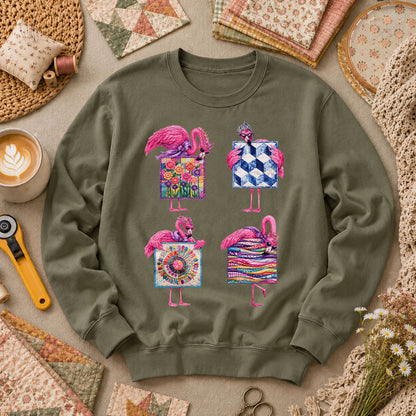 Pink Flamingos Quilt Blocks Grid Long Sleeve - Military Green