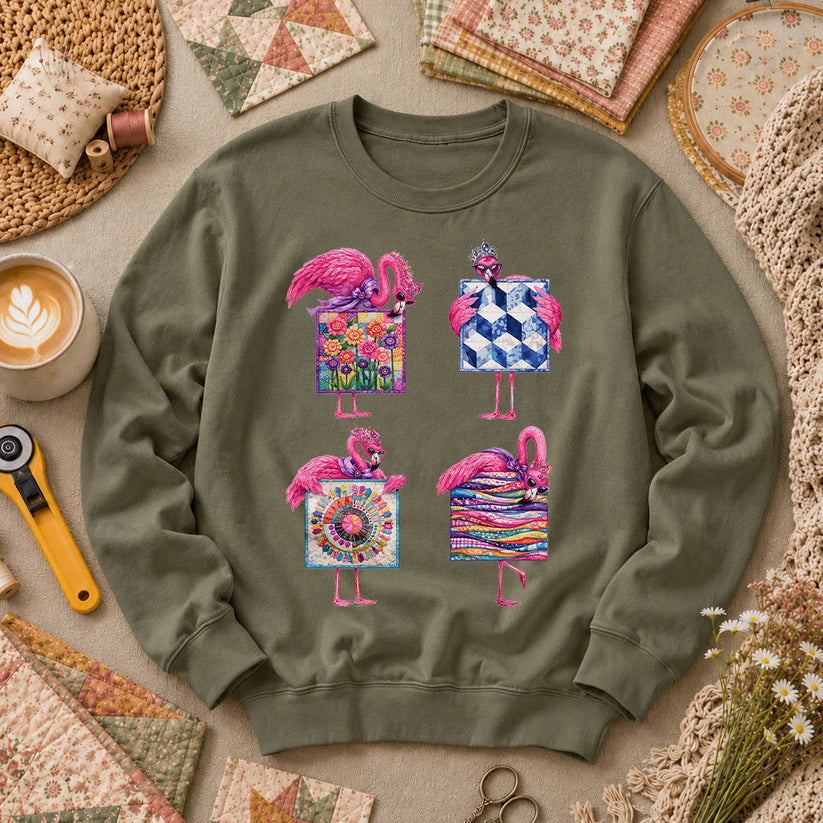 Pink Flamingos Quilt Blocks Grid Long Sleeve - Military Green